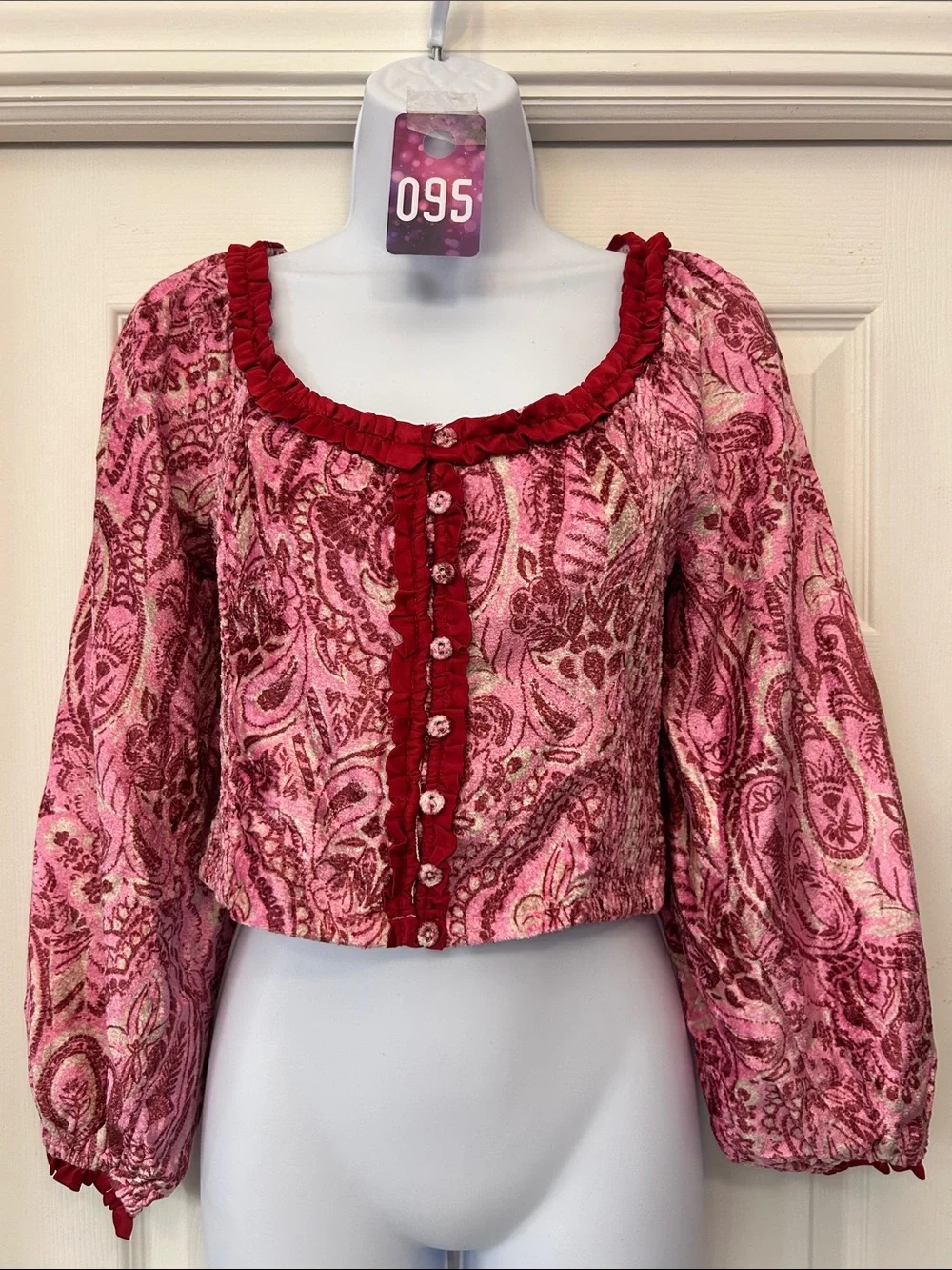 Free People Pink Paisley Ruffled Button Crop Blouse